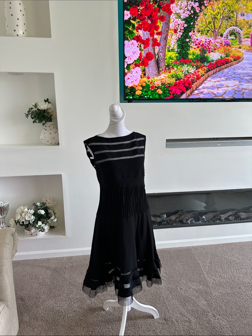 Tadashi Shoji Black Sheer-Striped Midi Dress - Picture 3 of 6